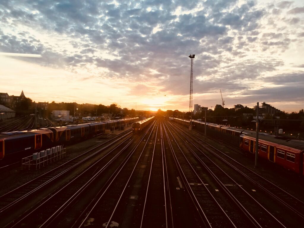 Landscape view of railway station during sunrise